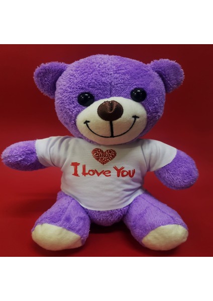 Büro Ev Ofis Hediyesi Için I Love You Tişörtlü Mor Peluş Ayıcık