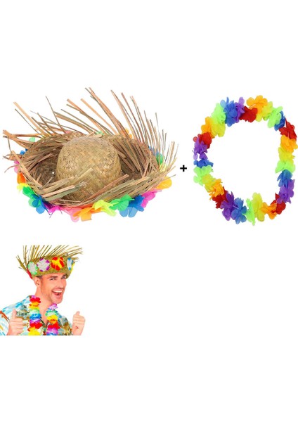 Büro Ev Ofis Gösteri Hawaii Kostümü Için Tropikal Çiçekli Hasır Şapka Çiçekli Kolye Seti