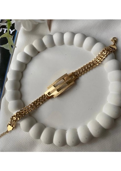 Çelik Bileklik Kadın Kaburga Model Kumlu Sık Zincir Bileklik Gold Hediye Paketi Şeklinde Gönderilirg