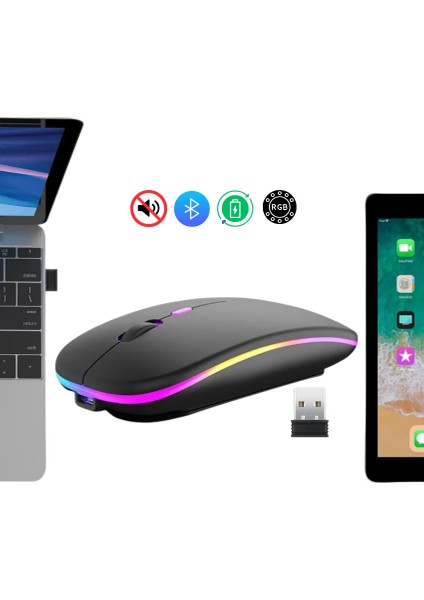 Sessiz Kablosuz Şarjlı Bluetooth Mouse Optik LED Işıklı Pc Laptop Uyumlu Ergonomik Renkli