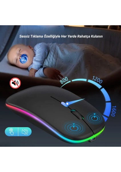 Sessiz Kablosuz Şarjlı Bluetooth Mouse Optik LED Işıklı Pc Laptop Uyumlu Ergonomik Renkli