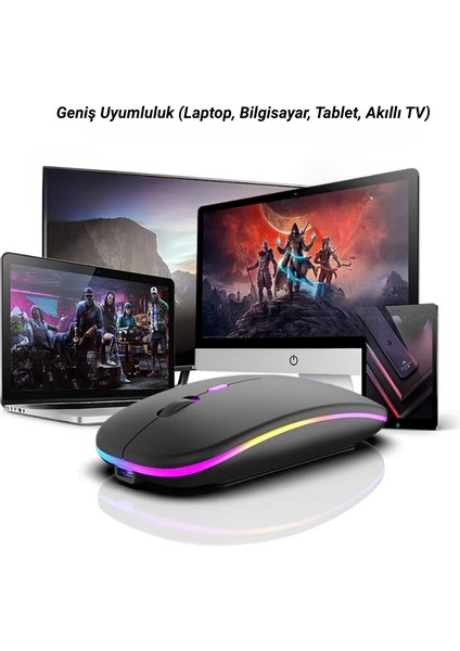 Sessiz Kablosuz Şarjlı Bluetooth Mouse Optik LED Işıklı Pc Laptop Uyumlu Ergonomik Renkli