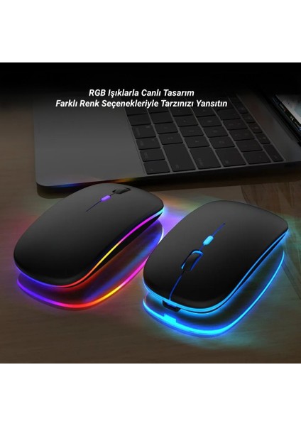 Sessiz Kablosuz Şarjlı Bluetooth Mouse Optik LED Işıklı Pc Laptop Uyumlu Ergonomik Renkli