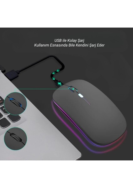 Sessiz Kablosuz Şarjlı Bluetooth Mouse Optik LED Işıklı Pc Laptop Uyumlu Ergonomik Renkli