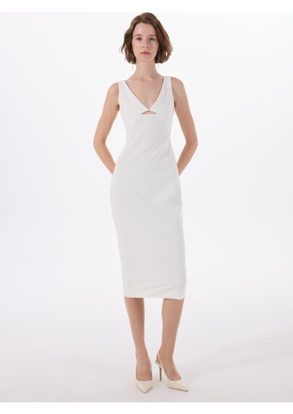 U Yaka Düz Ekru Kısa Kadın Elbise 50537626