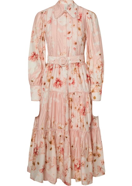 Gömlek Yaka Çiçek Desenli Açık Pudra Uzun Kadın Elbise Yasbılla Ls Long Dress S. - Show