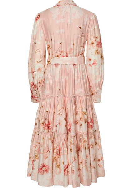 Gömlek Yaka Çiçek Desenli Açık Pudra Uzun Kadın Elbise Yasbılla Ls Long Dress S. - Show