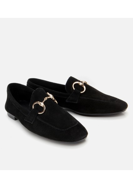 01AYH304430A100 KADIN Süet Deri Siyah Tokalı Klasik Loafer