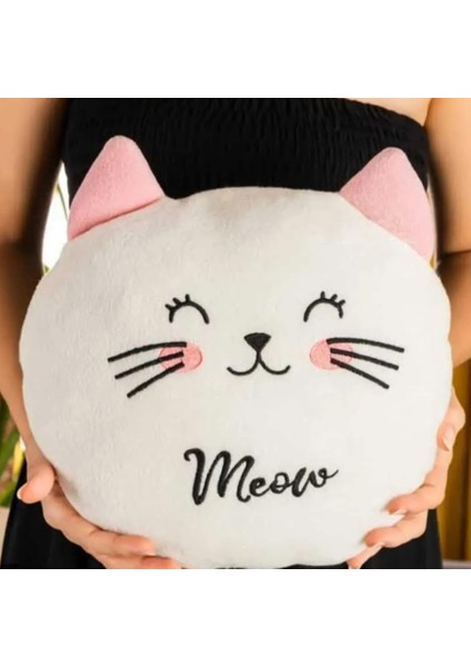 Sevimli Kedi Yastık, Meow Baskılı, Polar Kumaş, Dekoratif