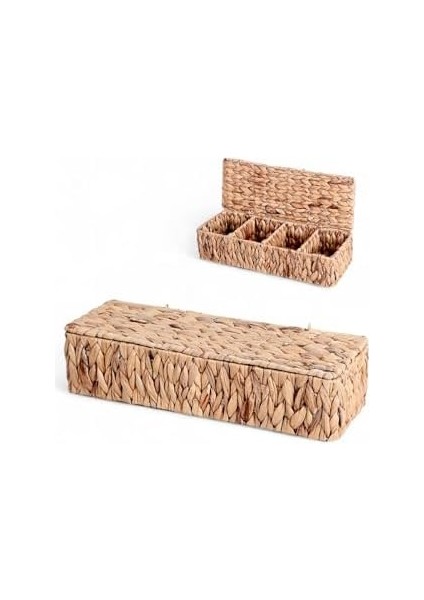 El Yapımı Doğal Hasır Dikdörtgen Çok Amaçlı 4 Bölmeli Kapaklı Dolap Düzenleyici (40X15X10CM)