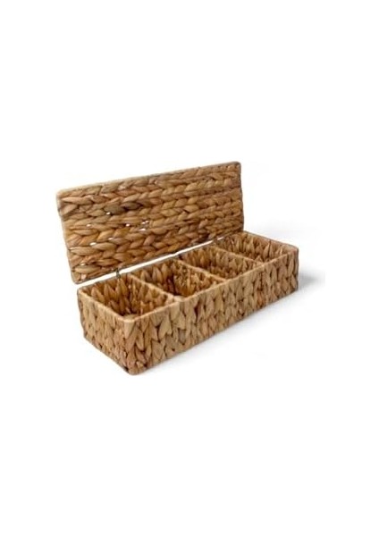 El Yapımı Doğal Hasır Dikdörtgen Çok Amaçlı 4 Bölmeli Kapaklı Dolap Düzenleyici (40X15X10CM)