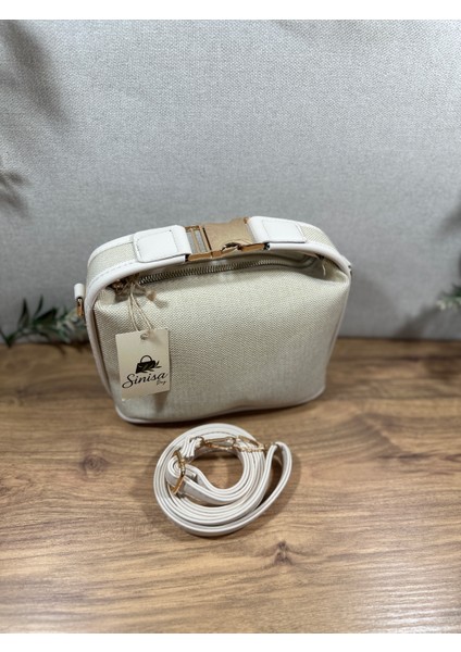 Gold Kilit Aksesuarlı Keten Orta Boy Kadın El ve Omuz Çantası