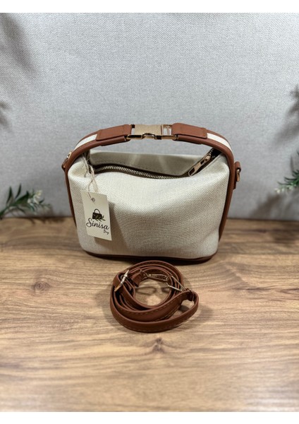 Gold Kilit Aksesuarlı Keten Orta Boy Kadın El ve Omuz Çantası