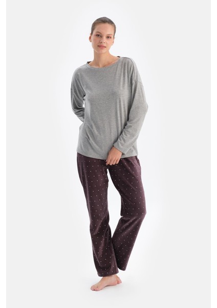 Gri Melanj Kadın Bisiklet Yaka Pijama Üstü