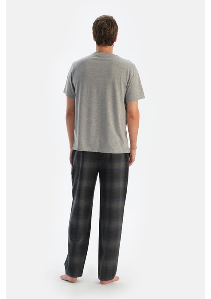 Füme Ekoseli Dokuma Pantolon Pijama Altı