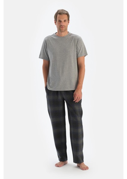 Füme Ekoseli Dokuma Pantolon Pijama Altı
