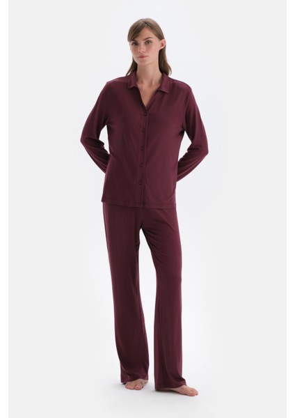 Bordo Basıc Penye Modal Gömlek Pantolon Örme Pijama Takımı