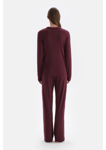 Bordo Basıc Penye Modal Gömlek Pantolon Örme Pijama Takımı