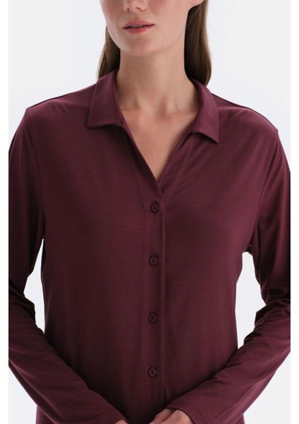 Bordo Basıc Penye Modal Gömlek Pantolon Örme Pijama Takımı