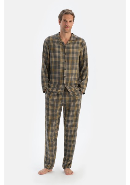 Füme Ekoseli Dokuma Viskon Pantolon Pijama Altı