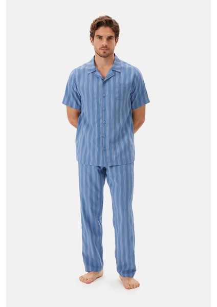Mavi Çizgili Dokuma Gömlek Pijama Üstü