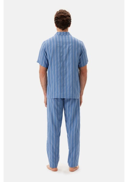 Mavi Çizgili Dokuma Gömlek Pijama Üstü