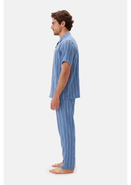 Mavi Çizgili Dokuma Gömlek Pijama Üstü