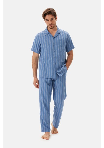 Mavi Çizgili Dokuma Gömlek Pijama Üstü