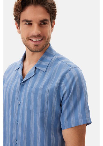 Mavi Çizgili Dokuma Gömlek Pijama Üstü