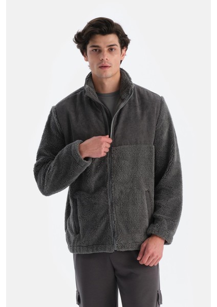 Gri Erkek Önden Fermuarlı Kadife Detaylı Polar Sweatshırt