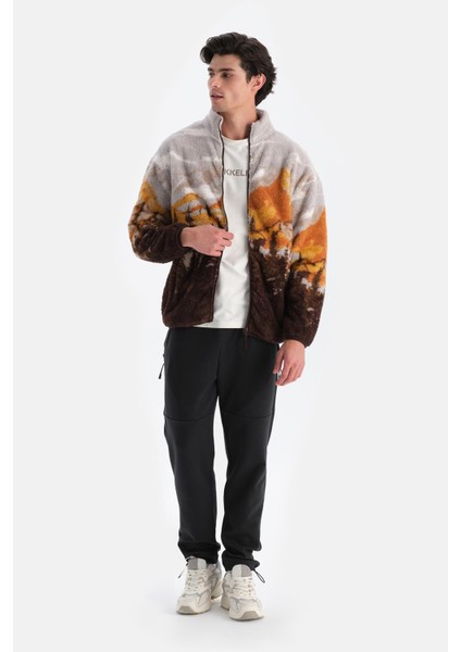 Koyu Kahve Erkek Manzara Dağ Baskılı Polar Sweatshırt modelleri