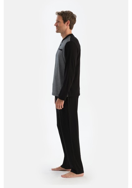 Siyah Desenli Uzun Kollu Üçlü Pijama Takımı