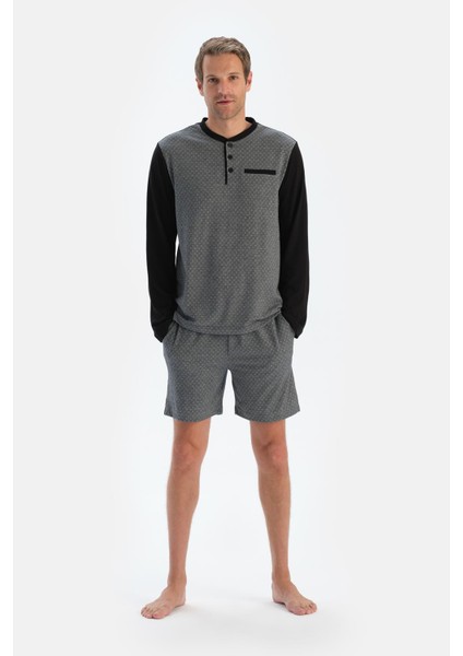 Siyah Desenli Uzun Kollu Üçlü Pijama Takımı