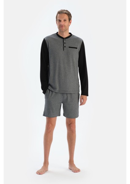 Siyah Desenli Uzun Kollu Üçlü Pijama Takımı