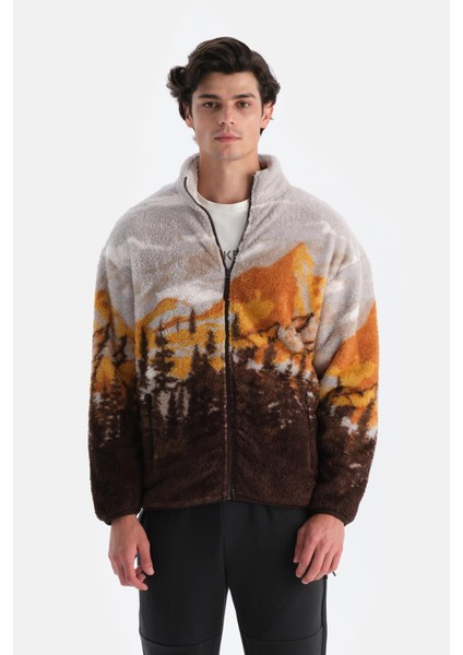 Koyu Kahve Erkek Manzara Dağ Baskılı Polar Sweatshırt