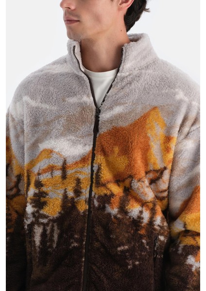 Koyu Kahve Erkek Manzara Dağ Baskılı Polar Sweatshırt fırsatları