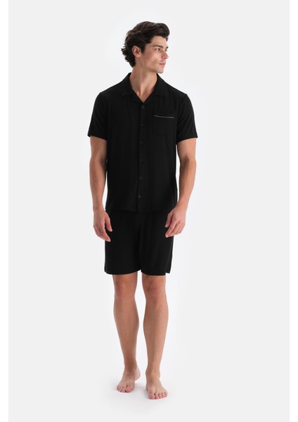 Siyah Gömlek Yaka Şort Pijama Takımı fırsatları
