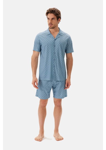 Mavi Desenli Gömlek Yaka Modal Şortlu Pijama Takımı