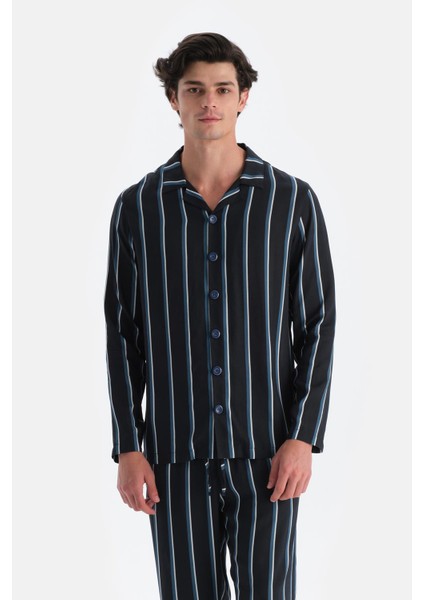 Lacivert Çizgili Viskon Dokuma Gömlek