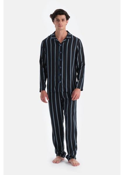 Lacivert Çizgili Viskon Dokuma Gömlek fırsatları