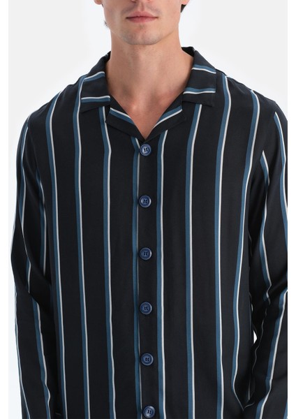 Lacivert Çizgili Viskon Dokuma Gömlek indirimleri
