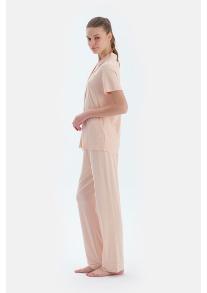 Sütlü Kahve Kısa Kollu Basıc Gömlek Pantolon Pijama Takımı