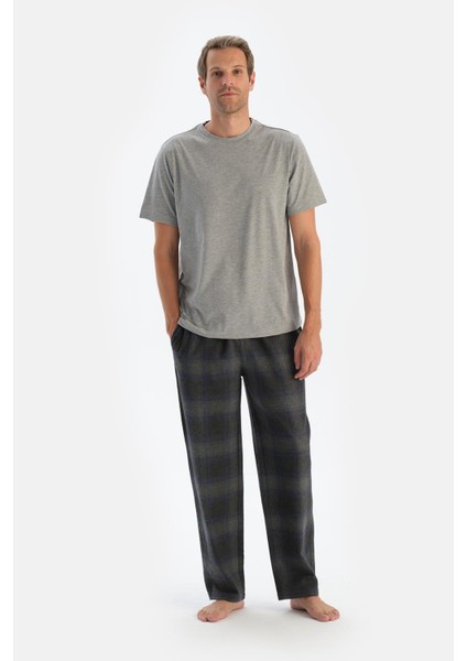 Füme Ekoseli Dokuma Pantolon Pijama Altı