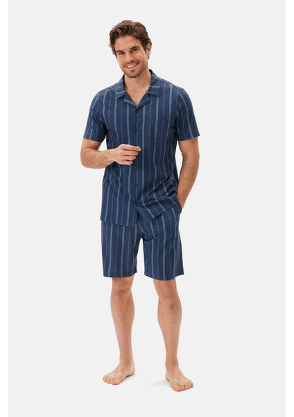 Lacivert Çizgili Gömlek Şort Pijama Takımı