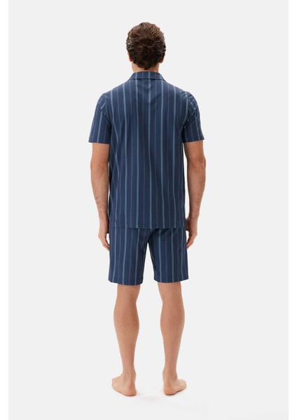 Lacivert Çizgili Gömlek Şort Pijama Takımı