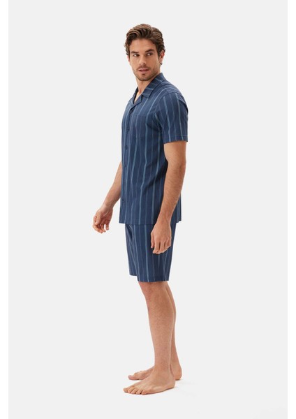 Lacivert Çizgili Gömlek Şort Pijama Takımı