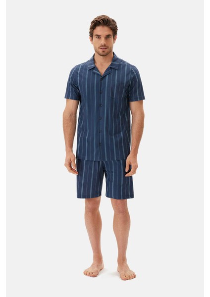 Lacivert Çizgili Gömlek Şort Pijama Takımı