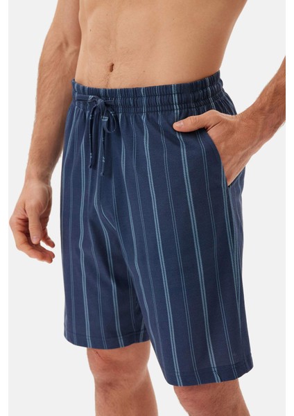 Lacivert Çizgili Gömlek Şort Pijama Takımı