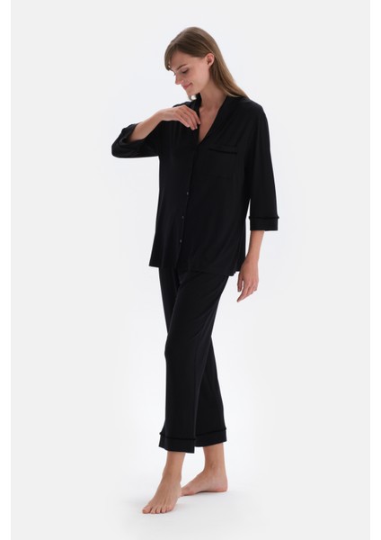 Siyah Kadife Şerit Detaylı Gömlek Pantolon Pijama Takımı