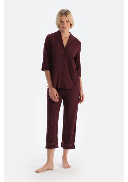 Bordo Biye Detaylı Cepli Penye Modal Pijama Takımı